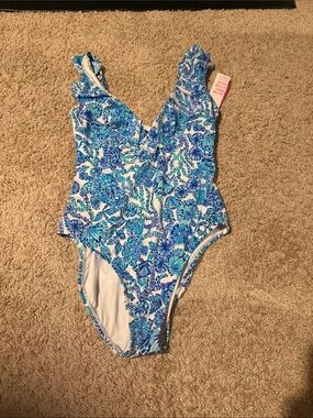 Lilly Pulitzer Blue Floral Ruffle Strap One-Piece Swimsuit